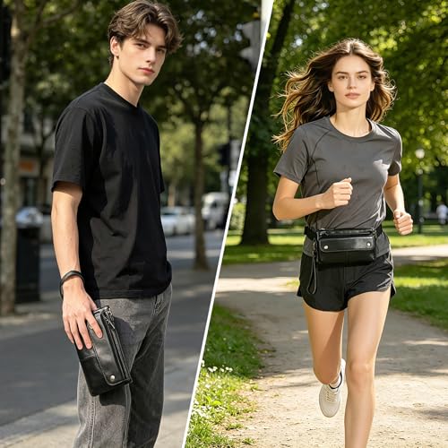 Water Resistant Canvas + Leather Hiking Riding Travel Fanny Waist Pack Small Phone Pouch For Men Women FB811-29 (100% Leather-The 8136 Black) - color: 100% Leather-The 8136 Black
