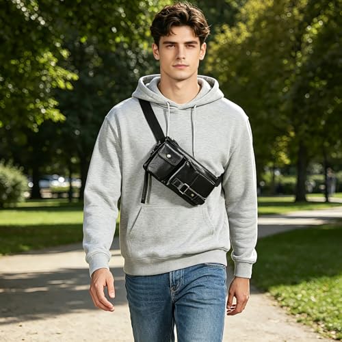 Water Resistant Canvas + Leather Hiking Riding Travel Fanny Waist Pack Small Phone Pouch For Men Women FB811-29 (100% Leather-The 8135 Black) - color: 100% Leather-The 8135 Black