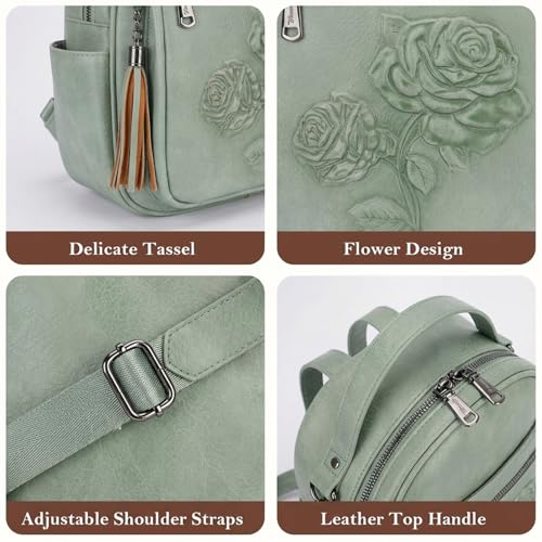 Mini Backpack Purse for Women,Vegan Leather Small Backpack for Daily | Embossed Lightweight Water-Resistance Travel Mini Fashion Daypack Bag,Ladies Casual Backpack Purse Gift Choice for Women - color: Green-flower