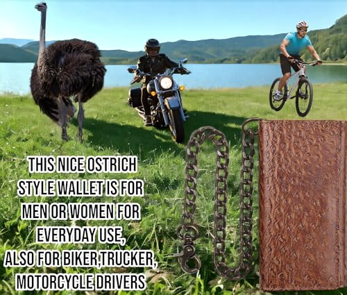 F&L CLASSIC RFID Blocking Mens Tri-fold Long Style buffalo crazy horse Leather Steel Chain Wallet,ostrich print brown,212-51 - color: ostrich print brown