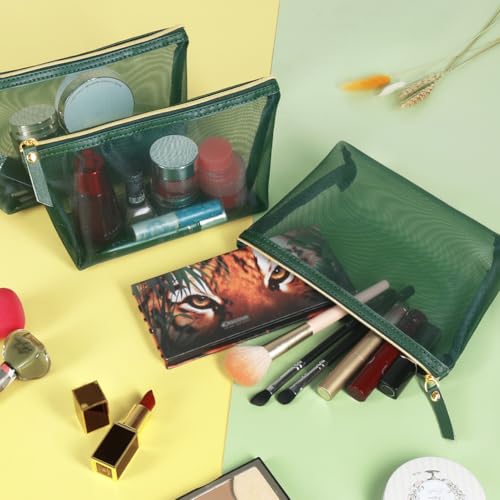 3pcs Mesh Cosmetic Bags, Nylon Makeup Pouches with Leather Pull and Golden Zipper for Purse Diaper Bag (Emerald Green) - size: Vertical