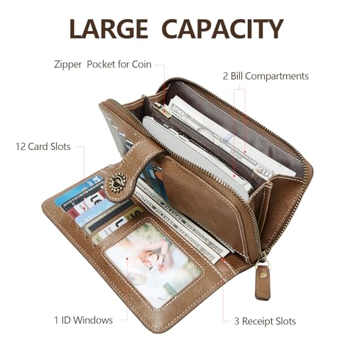 TFKGS Wallet for Women RFID Blocking Leather Large Capacity Card Holder Ladies Phone Clutch Travel Long Purse Wristlet | RFID Blocking - color: 1-Brown