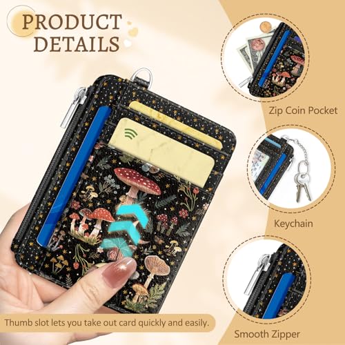Kelvoris Credit Card Holder Small Wallet Women, Slim RFID, Mushroom Flower | Keychain, Zipper Coin Pocket, Front Pocket Thin Travel Card Case, Minimalist, 6 Card Slots, 1 ID Window, Ladies Gifts Woman - color: Mushroom