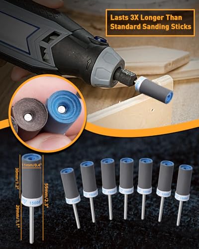 15Pcs 1500 Grit Sanding Drums Sandpaper Sticks Set for Dremel Rotary Tool with 1/8" Shank, Rotary Tool Accessories Suitable for Metal Rust Removal/Jade Polishing/Stone Grinding (1500 Grit) - size: 1500 Grit
