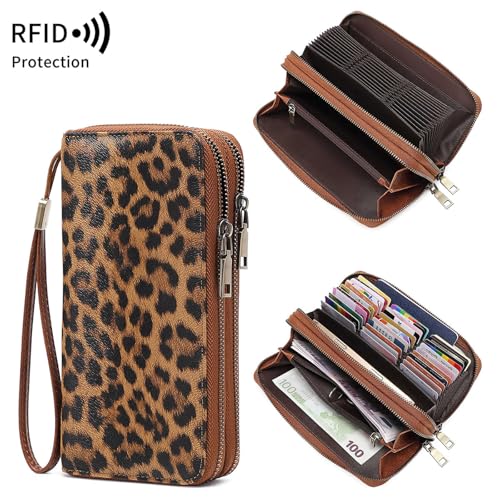 Women Leather Wallet Crossbody Shoulder Bag with Double Zipper and Mobile Phone Purse with Shoulder Strap - color: QB393-Leopard pattern