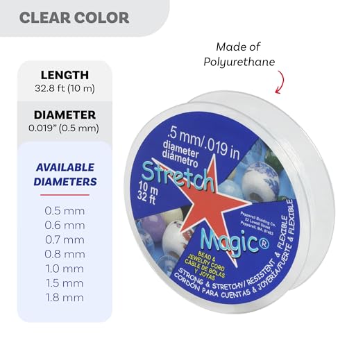 Stretch Magic Elastic Beading Cord – Clear Color, 0.5mm in Diameter, 10-Meter (32 ft) - Easy to Knot, Strong & Stretchy String for Making Beaded Jewelry - size: 0.5 mm, style: Clear - 10 Meter