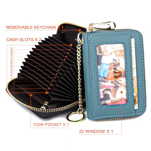 imeetu RFID Credit Card Holder, Small Card Wallet Women, Leather Card Case | Genuine Leather Women's Card & id Cases, Change Coin Purse with Zipper Keychain id Window, 20 Colors & 3 Styles, Daily, Gifts - color: Pro - Peacock Blue, size: Pro