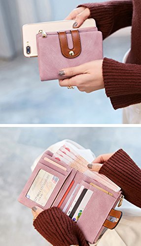 AOXONEL Women's Rfid Small Bifold Leather Wallet Ladies Mini Zipper Coin Purse id card Pocket,Slim Compact Thin - color: Pink