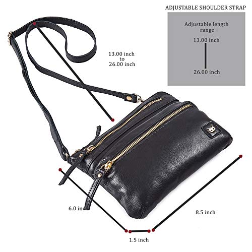 Small Leather Crossbody Bag for Women Adjustable Sling Purse Multi Pocket | Genuine Top Grain Leather, 4 Zip Pockets, Cross Over for Travel, Gift for Women, Phone Pocket - color: Black Nappa