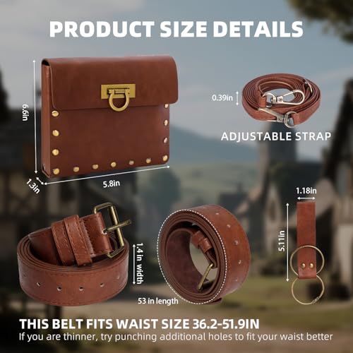 Renaissance Belt Pouch Medieval Pirate Costume Accessories Set for Cosplay | Viking Faux Leather Waist Bag, Skirt Hike Clips, Perfect for Women and Men Ren Faire, LARP, Fantasy, Halloween - color: Brown-J