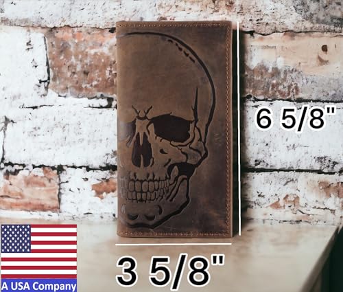 Men's RFID Vintage Look Genuine Leather Long Bifold Wallet Checkbook Wallets,buffalo wax leather,classic brown skull,240-120 - color: classic brown with skull embossment