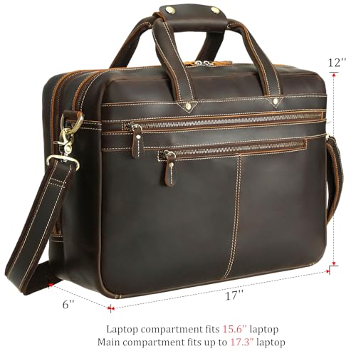 Polare Full Grain Napa Leather 17" Briefcase Work Bag Business Case For Men - color: Dark Brown (Updated Version)