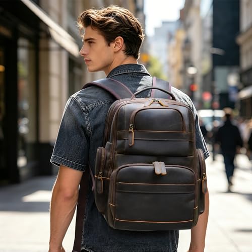 TIDING Men's Leather Backpack 14" & 15.6" Laptop Business Travel Daypack | Thick Sponge Padded Laptop & Tablet Sleeves, Water Bottle Holder, Luggage Strap, Anti-theft Pocket, Large Capacity - color: Dark Brown(fits 14" Laptop)