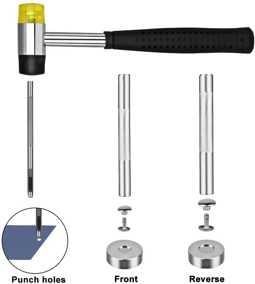 TLKKUE 480 Sets Leather Rivets Kit 4 Colors Double Cap Rivet for Leather | 3 Sizes Rivet with Rubber Hammer Fixing Tool Kit 4 Pieces for DIY Leather Craft Clothes Shoes Decoration and Repair - color: 4 Colors 480 Sets