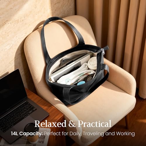 befen Soft Genuine Leather Tote Bag for Women Work with Zipper Slouchy Bags | Real Leather, Slouchy Shoulder Bag, Cup Holder, Travel Purse, Handbag for Daily & Travel, Zipper Tote Bag - color: Black