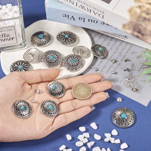 36pcs/12 Sets Flower Decoration Rivets Studs Faux Turquoise Rivets Leather Decorative Conchos Round Vintage Western Style Conchos Metal Rapid Rivet for DIY Shoes Bag Belt - color: #03-Faux Turquoise-12 Sets