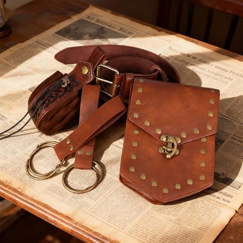 Renaissance Belt Pouch Medieval Pirate Costume Accessories Set for Cosplay | Viking Faux Leather Waist Bag, Skirt Hike Clips, Perfect for Women and Men Ren Faire, LARP, Fantasy, Halloween - color: Brown-B