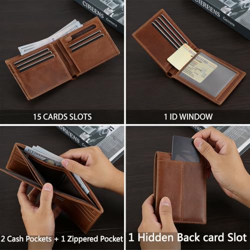 YINGWDA Wallet for Men, Large Capacity Genuine Leather Bifold RFID Blocking Wallet with Coin Pocket, Zipper Pocket Inside,14 Card Slots,1 Back pocket, ID Window & 2 Cash Pocket (Oil Coffee Brown) - color: Oil Coffee Brown
