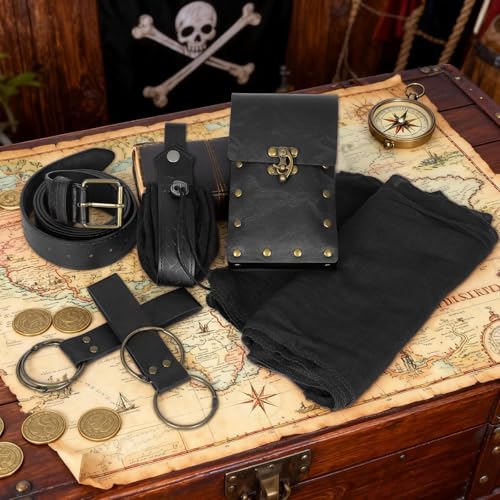 Renaissance Belt Pouch Medieval Pirate Costume Accessories Set for Cosplay | Viking Faux Leather Waist Bag, Skirt Hike Clips, Perfect for Women and Men Ren Faire, LARP, Fantasy, Halloween - color: Black-N