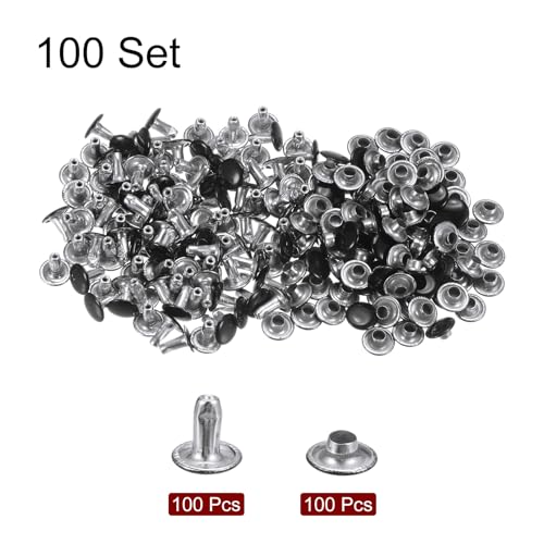 HARFINGTON 100 Sets Leather Rivets 8mm x 8mm Metal Double Cap Rivet Snaps Studs Fasteners with 3pcs Setting Tools Rivets for Leather Craft DIY Repair Decoration, Brilliant Black - color: Brilliant Black, size: 8mm x 8mm