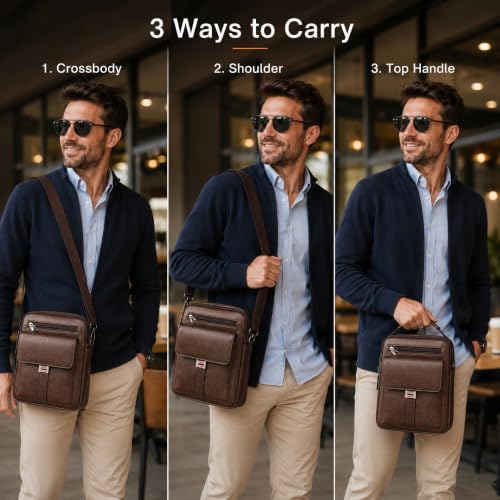 Small Crossbody Bag, Mens Shoulder Bag, Vintage leather Bag Office Business for Men, Handbag Purse Zipper - color: Deep Brown