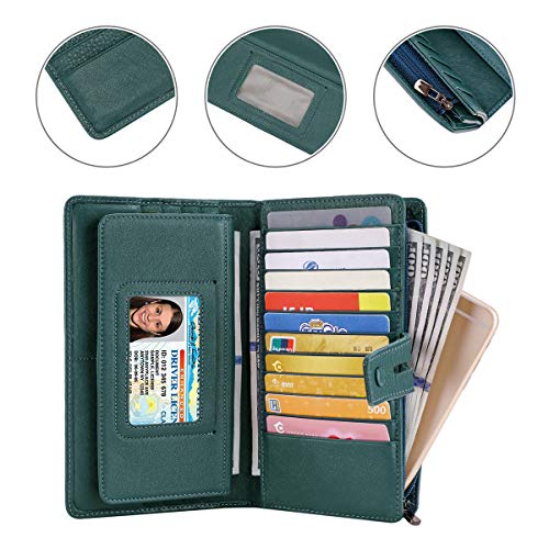 Itslife Womens Wallet,Large Capacity RFID Blocking Leather Wallets Credit Cards Organizer Ladies Wallet with Checkbook Holder - color: Green