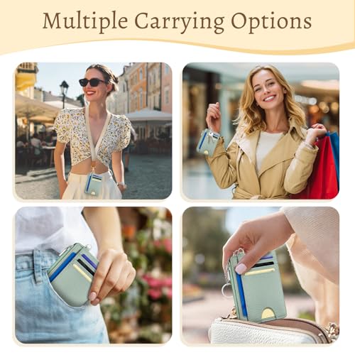 Kelvoris Credit Card Holder Small Wallet Women, Slim RFID, Green | Keychain, Zipper Coin Pocket, Front Pocket Thin Travel Card Case, Minimalist, 6 Card Slots, 1 ID Window, Ladies Gifts Woman - color: Solid Green