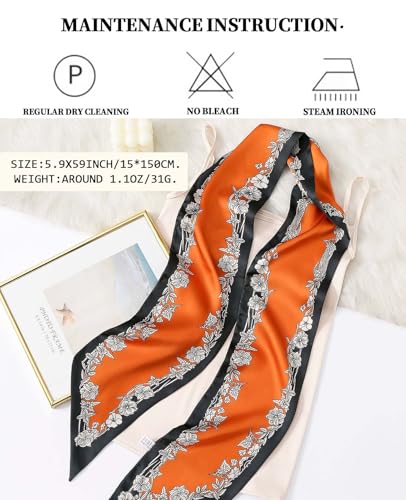 Head Scarf Purse Handle Neck Satin Hair Scarfs For Bag Lightweight Silky Long Thin Women's Fashion Scarves 59 * 5.9” - color: H2-orange Background With Floral(59*5.9inch)