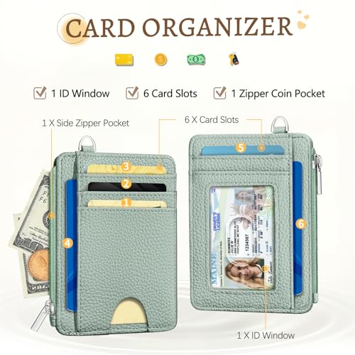 Kelvoris Credit Card Holder Small Wallet Women, Slim RFID, Green | Keychain, Zipper Coin Pocket, Front Pocket Thin Travel Card Case, Minimalist, 6 Card Slots, 1 ID Window, Ladies Gifts Woman - color: Solid Green
