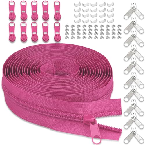 #5 Nylon Zipper Tape for Sewing: YZSFIRM 10 Yards Rose Red by The Yard Nylon Coil Zippers for DIY Sewing Craft with 10 Bulk Metal Zipper Slider and 10 Double Slider - color: 144 Rose Red, size: #5 Zipper