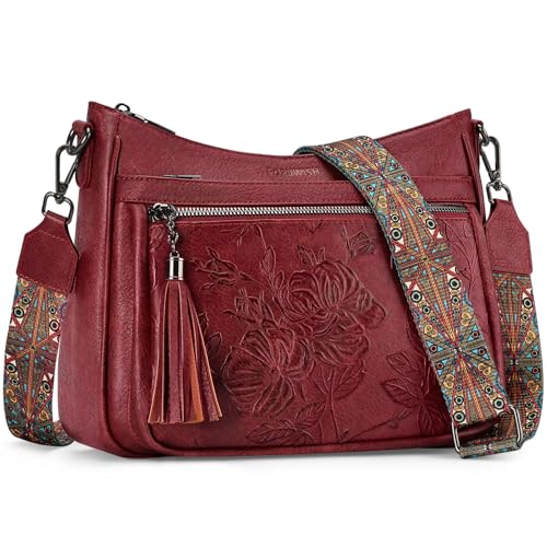 Crossbody Bags for Women, Medium Vegan Leather Purses | Large Capacity Multi-Pocket Embossed Shoulder Bag with Boho Strap for Daily Travel - color: Red