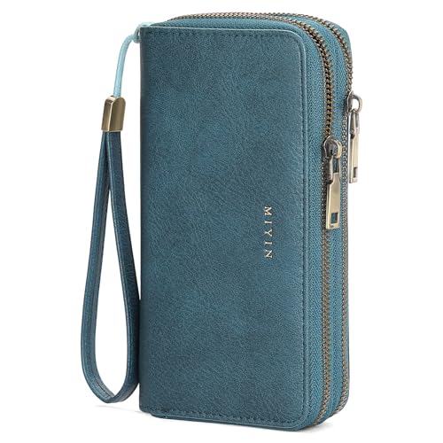 GOIACII Wristlet Wallets for Women 2 Zip Around Ladies Clutch Teal | RFID Blocking, Vegan Leather, Large Capacity, Credit Card Holder, Phone Holder Purse - color: Blue