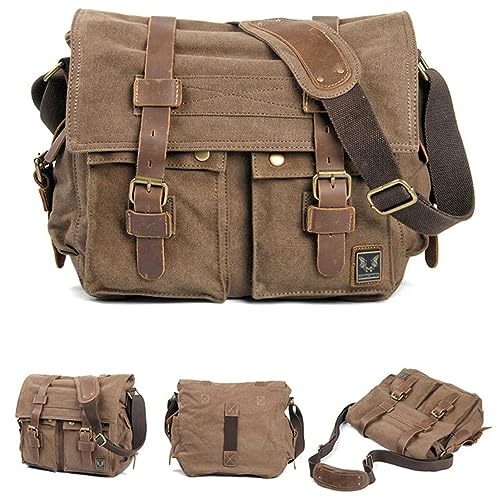 Canvas Messenger Bag, Vintage Genuine Leather Shoulder Bag, Briefcase Crossbody Satchel Purse Laptop Bag Medium | Vintage - color: Khaki
