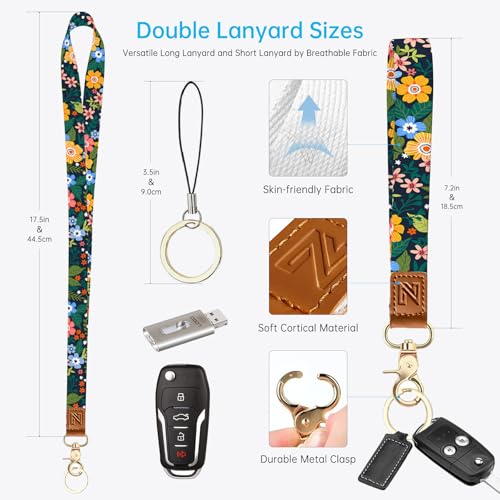 Green Flowers 2-in-1 ID Badge Holder & Lanyard Wallet for Teachers,Nurse,Professionals-Cute Zippered Coin Pouch,Removable Wristlet & Neck Lanyard,5 Card Slots Stylish Work Essential - color: Green Flowers