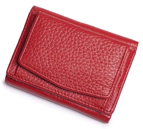 Small Wallet Women Genuine Leather RFID Blocking Trifold Tiny Wallets with Snap Coin Pouch 7 Card Solts