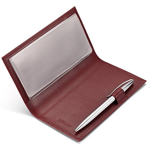 HISCOW Leather Checkbook Cover for Duplicate Checks with Pen Holder - color: Wine Red