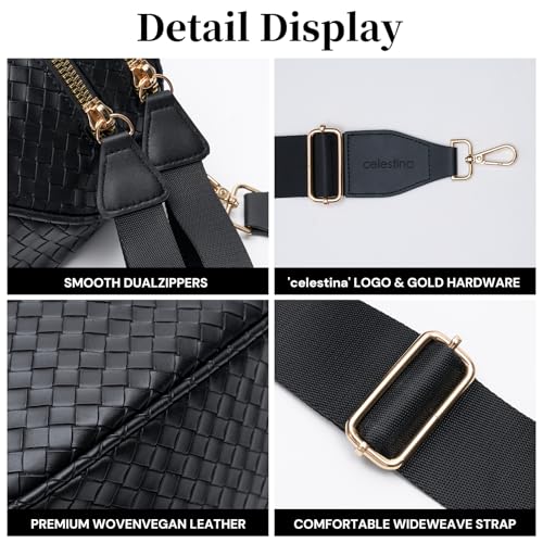 Woven Vegan Leather Bum Bag for Women, Crossbody Fanny Pack with Coin Purse | Removable 2-inch-wide strap adjusts to a 14–24.5-inch drop; dual zip compartments, reinforced hardware, 1.1-lb design - color: Black