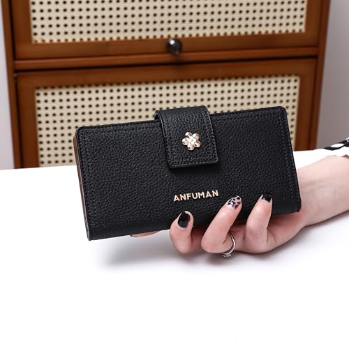 Long Wallets for Women Rfid Blocking Leather Multi Card Holder Wallet Clutch Ladies Wallet Zipper Pocket with ID Window Black - color: Black