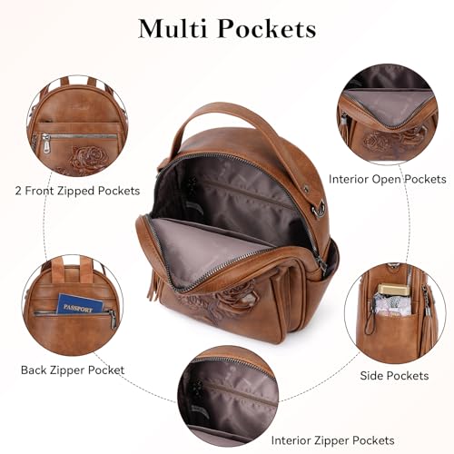 Mini Backpack Purse for Women,Vegan Leather Small Backpack for Daily | Embossed Lightweight Water-Resistance Travel Mini Fashion Daypack Bag,Ladies Casual Backpack Purse Gift Choice for Women - color: Brown-flower