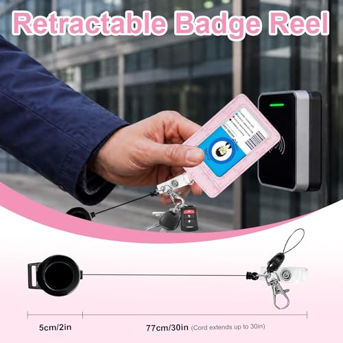 Cute Pink Bow Lanyards for Id Badges, Badge Holder with Retractable Reel Clip, Leather Work Name Tag Breakaway Lanyard Vertical ID Card Protector Case for Women Nurse Doctor Teacher Student - color: Cute Pink Bow