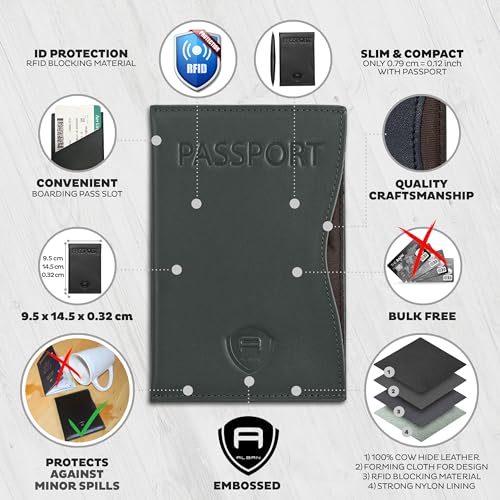 Alban RFID Passport Holder for Women & Men, Genuine Leather Passport Cover - color: Grey