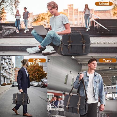 Vintage Men Laptop Bag, 15.6 Inch Messenger Bag Leather Waxed Canvas | Briefcase Large Computer Laptop Bag Briefcase Satchel Handbags Crossbody Bags Water Resistant Work Business Travel - color: Grey Black