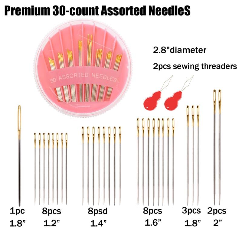 JollMono 30Pack Premium Sewing Needles for Hand Sewing Repair, 6 Sizes Assorted Needles with 2 Threaders, Hand Sewing Needles, Large Eye Stitching Needles, Embroidery Needles, Sewing Sharp Needles - size: 30PCS PINK
