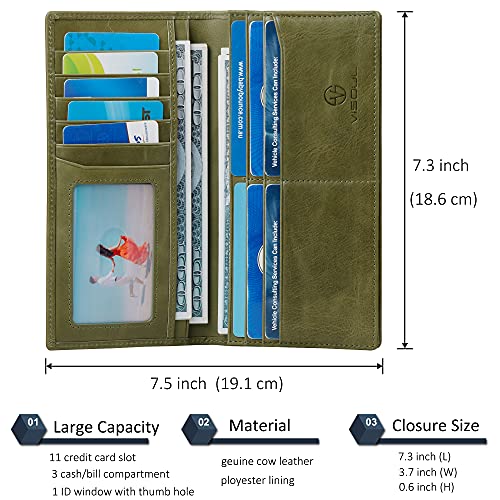VISOUL Leather Checkbook Cover Wallet for Men with RFID Blocking, Mens Long Bifold Cash Tall Wallet with 11 Credit Card Slots 1 ID Window (Olive Green) - color: Olive Green