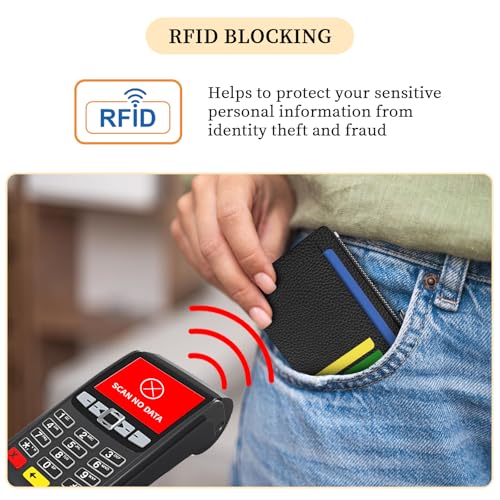 Hancynir Black Minimalist Small Wallet Women Credit Card Holder Slim RFID | Zipper Keychain Wallet, Key Chain, Travel Coin Front Pocket, Ladies Women Men Gifts, Thin Card Case, 6 Card Slots, PU Leather - color: Black Keychain Wallet