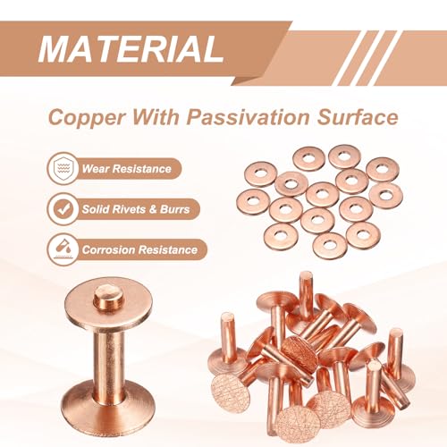 HARFINGTON 15Set Copper Rivets and Burrs Washers 12x4x16mm Dimpled Finish Solid Leather Rivet Fastener Studs Posts for Leather DIY Craft Belts Wallets Collars, Copper Tone - color: Copper Tone, size: 12x4x16mm
