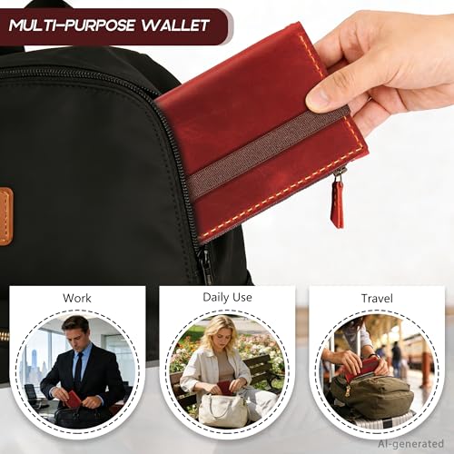 Robrasim Leather Wallet for Men and Women, Handmade Detachable Chain Wristlet Long Bifold Clutch with Large Capacity Zipper Coin Pocket (Wine, 7.87"x4.17") - color: Wine