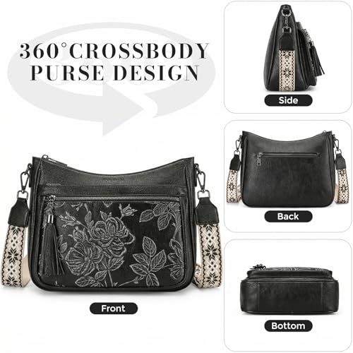 Crossbody Bags for Women, Medium Vegan Leather Purses | Large Capacity Multi-Pocket Embossed Shoulder Bag with Boho Strap for Daily Travel - color: Black Silver