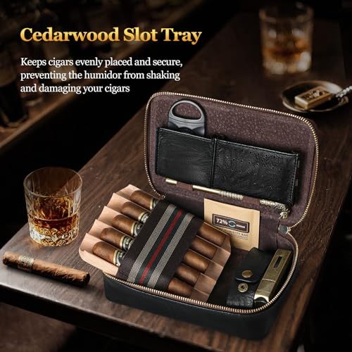 Cigar Humidor, Leather Travel Cigar Case, Portable Cigar Box with Cigar Draw Enhancer and Multifunction Cigar Cutter, Cigar Accessories Gift Set (Black) - color: Black
