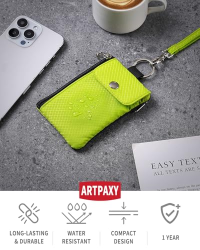 Artpaxy Minimalist Wallet For Mens Womens, Keychain RFID Blocking Zipper Small Wallet with ID Window 2 Lanyards,Water Resistant Travel Cash Card Coin Case Boys Girls - color: Neon green